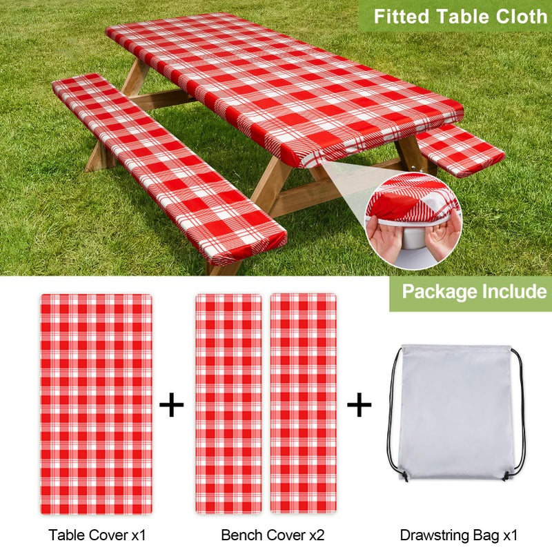 Play Tailor Picnic Table Cover with Bench Covers Camping Essentials Waterproof Windproof Camping Tablecloth with Drawstring Bag  Fitted Rectangle Tables and Seats  72in  Red Checkered - Image 4